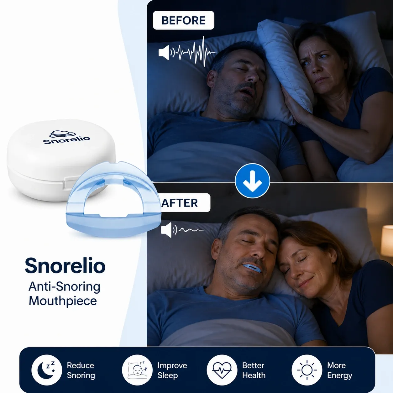 Snorelio positions the jaw to help keep the airway open